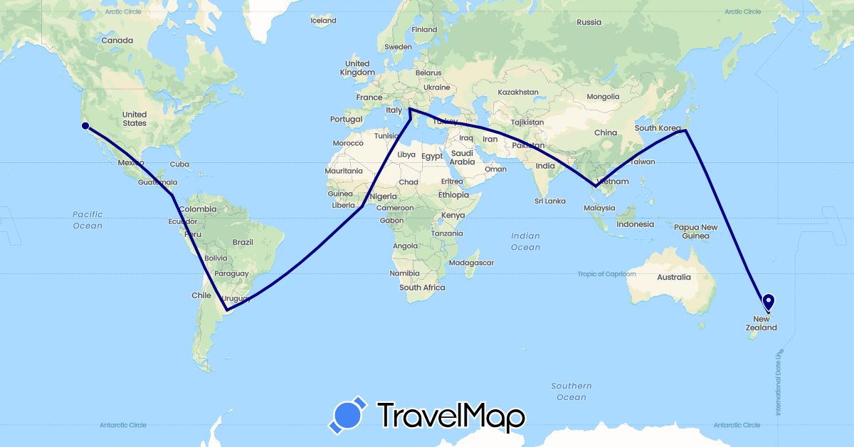 TravelMap itinerary: driving in Argentina, Costa Rica, Ghana, Greece, Japan, Montenegro, New Zealand, Thailand, Turkey, United States (Africa, Asia, Europe, North America, Oceania, South America)